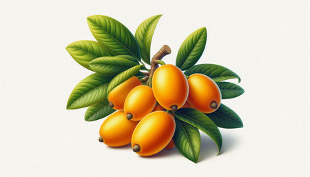 Loquat fruits with leaves on a white background. Vector illustration.