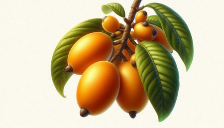 Loquat fruits on a branch with leaves. 3d illustration