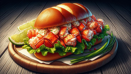 Hot dog with crab meat and vegetables on a wooden background. 3d renderingの写真素材