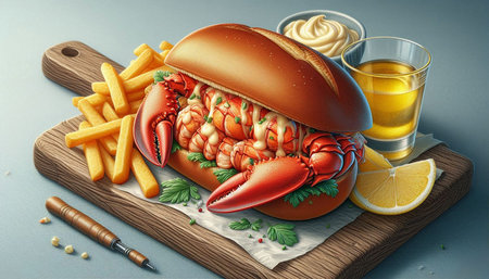 Lobster sandwich on wooden board with french fries. 3d illustrationの写真素材
