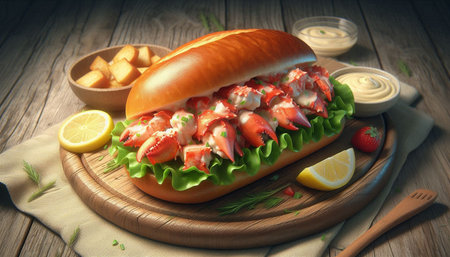 Lobster sandwich with mayo, lemon and sauce on a wooden backgroundの写真素材