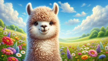 Cute alpaca on meadow with flowers. 3d renderingの写真素材
