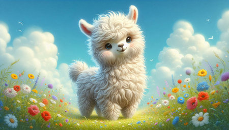 White alpaca on the meadow with flowers and blue skyの写真素材