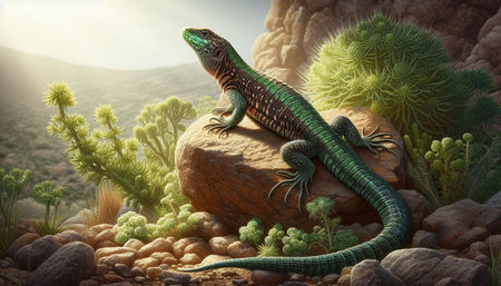 Green lizard on a rock in the desert. 3d render.