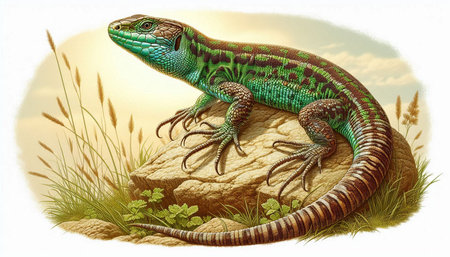 Lizard on a rock in the grass. Illustration of a lizard.の写真素材