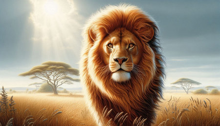 Lion in the savanna. 3d render of a lion in nature.