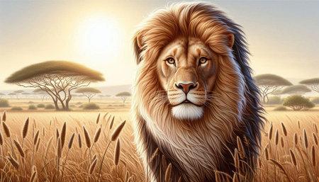 Lion in the savannah of Africa. 3D illustration.