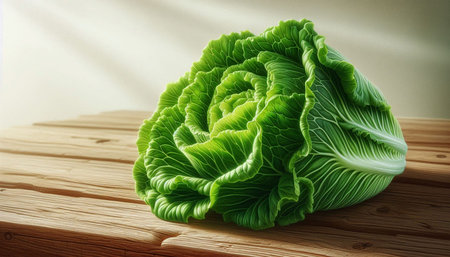 Fresh green chinese cabbage on wooden table. Healthy food concept.の写真素材