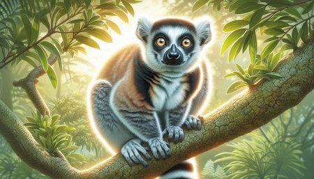 Lemur sitting on a branch in the jungle. 3d illustration