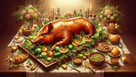 Illustration of a table with a pig.の写真素材