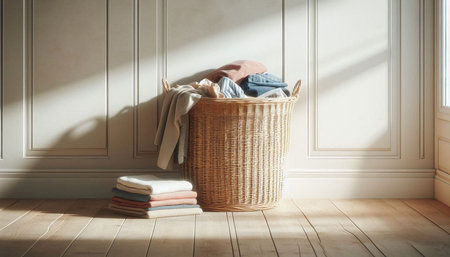 Laundry basket with clothes on wooden floor in white room.の写真素材
