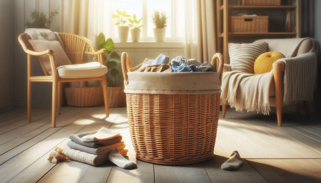Wicker basket with clean clothes on wooden floor in living room interiorの写真素材