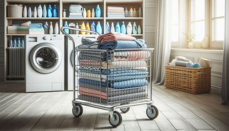 Laundry room with trolley full of towels and washing machineの写真素材