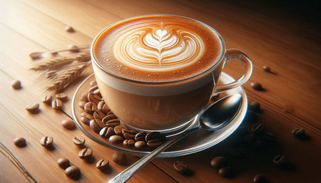 Coffee cup with latte art on wooden table background.
