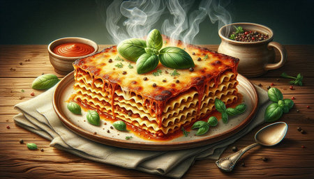 Tasty lasagna with basil and spices on wooden table, closeupの写真素材