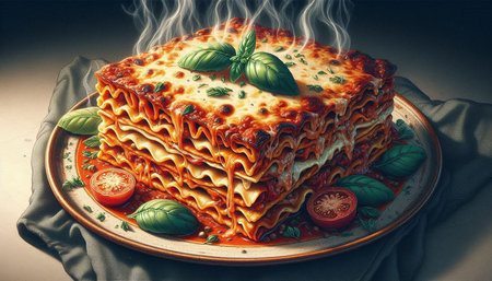 Tasty lasagna with basil and tomatoes on a plate. Italian cuisineの写真素材