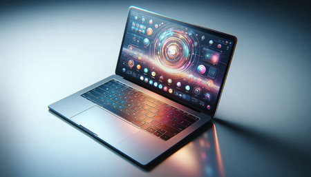 Laptop with glowing user interface on the screen. 3d renderingの写真素材
