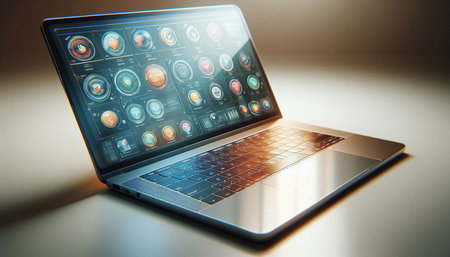 Laptop with futuristic user interface on the screen. 3d rendering