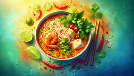 Noodles soup with shrimps in bowl on colorful background