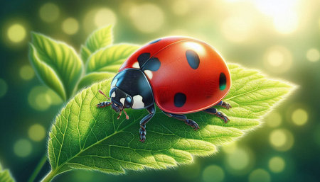Ladybug on green leaf with bokeh background. 3d illustration