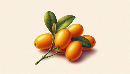 Kumquat fruit on a branch with leaves. Vector illustration.