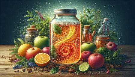 Fruit compote in glass jar with fruits and spices on wooden table