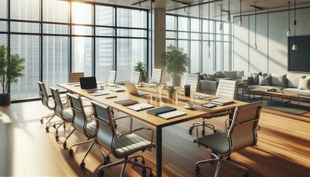 Interior of modern conference room with city view and daylight. 3D Rendering