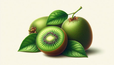 Kiwi fruit with leaves on white background. 3d illustrationの写真素材