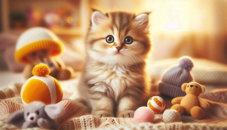 Cute little kitten with toys on knitted plaid in roomの写真素材