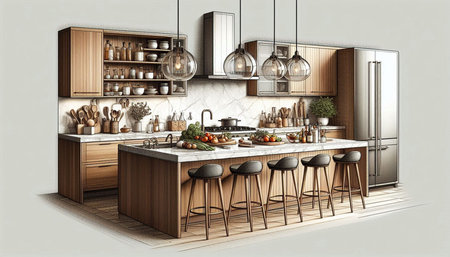 3d rendering of a modern kitchen interior design with wood paneling