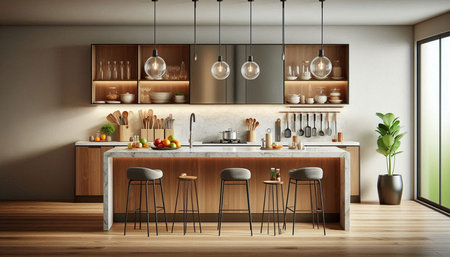 Interior of modern kitchen with beige walls, wooden floor, gray countertops and wooden cupboards. 3d...