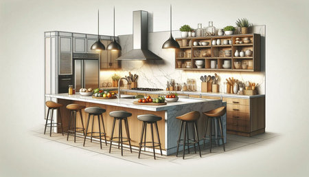 3d rendering of a modern kitchen in a loft style with a wooden floorの写真素材