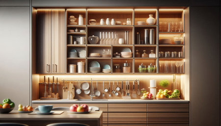 Kitchen interior design. 3d illustration. Wooden shelf with utensils.の写真素材