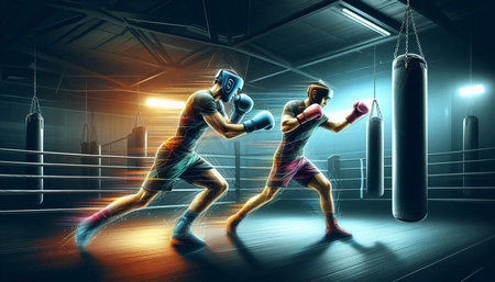 Boxing match concept with two boxers fighting in the gym. Mixed mediaの写真素材