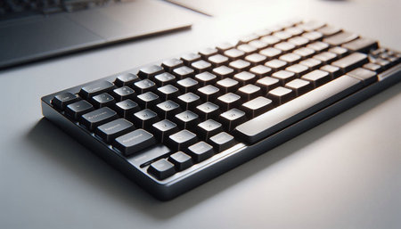 Close up of a computer keyboard on a desk with laptop in the background