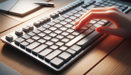 Close up of female hand typing on computer keyboard. Workplace at office