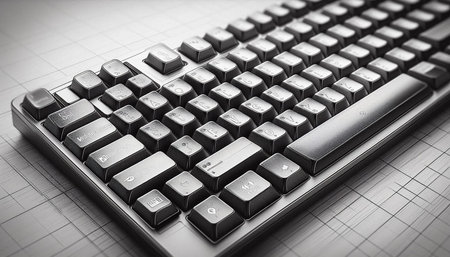 Close up of a black computer keyboard on a graph paper background.