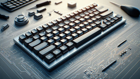 Computer keyboard and mouse on a printed circuit board. 3d renderの写真素材