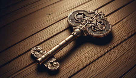 Vintage key on a wooden background. Retro style toned imageの写真素材