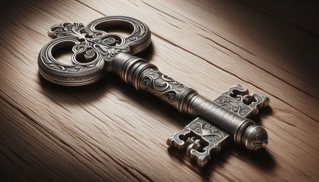 Vintage key on wooden background. Shallow depth of field.