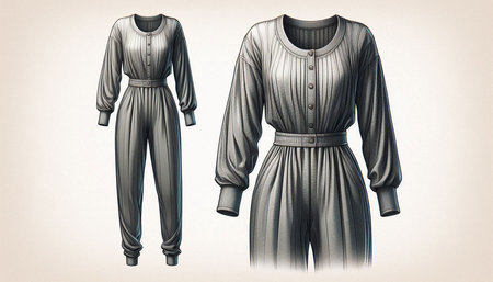 Women's evening dress with a sleeveless jacket and trousers.