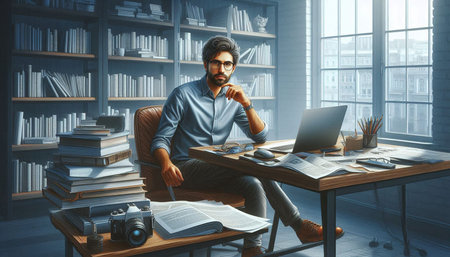 Portrait of young bearded Indian businessman in eyeglasses sitting at table in office with laptop...
