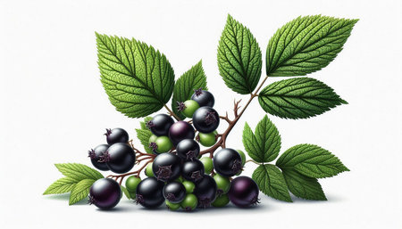 Black currant with green leaves on a white background. Vector illustration.