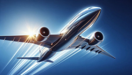 Airplane flying in the blue sky. 3d rendering - illustration