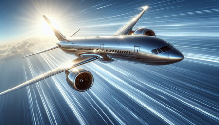 Commercial airplane flying in the blue sky with sun rays. 3D rendering