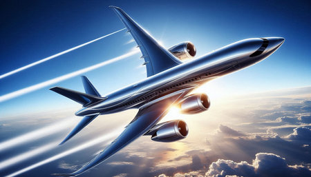 Airplane flying in the blue sky. 3d render illustration.