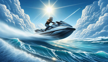 Extreme sport concept as a man riding a jet ski on the ocean with clouds in the background as a 3D...