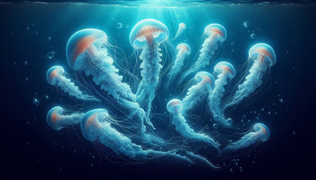 Jellyfish floating in the ocean. 3d rendering, illustration.の写真素材