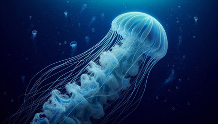 Jellyfish in the deep blue ocean. 3D Renderingの写真素材