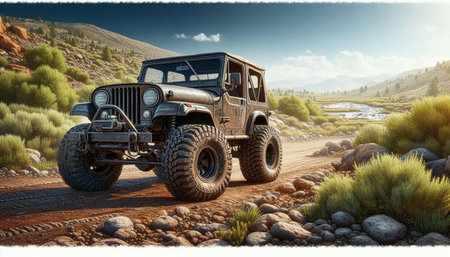 Vintage off-road vehicle in the desert. 3d rendering